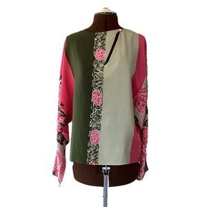 Olive/Fushia Floral Print Silk Blouse